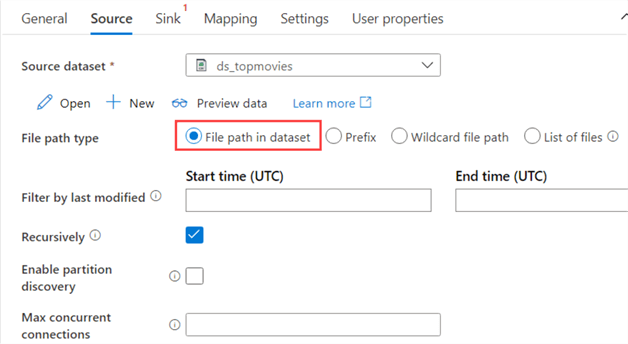 file path in dataset + default options