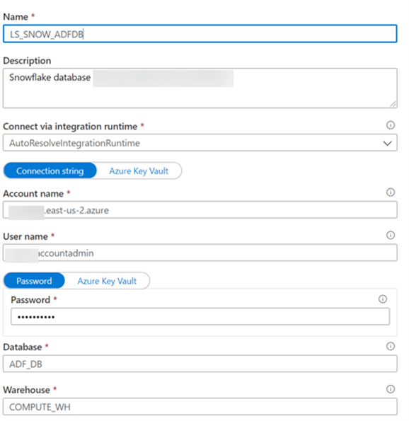 SnowADFDB Linked Service for Snow ADFDB