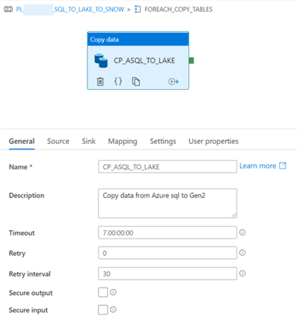PipelineCopyGeneralSQLtoLake General setup for the copy activity