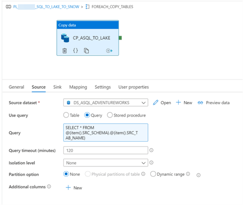 PipelineCopySourceSQLtoLake Source setup for the copy activity
