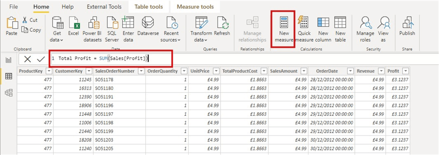 Diagram showing table with calculated Measure DAX calculation