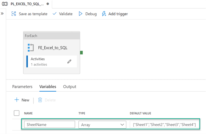 ExceltoSQLPipeline1 Display of the variables