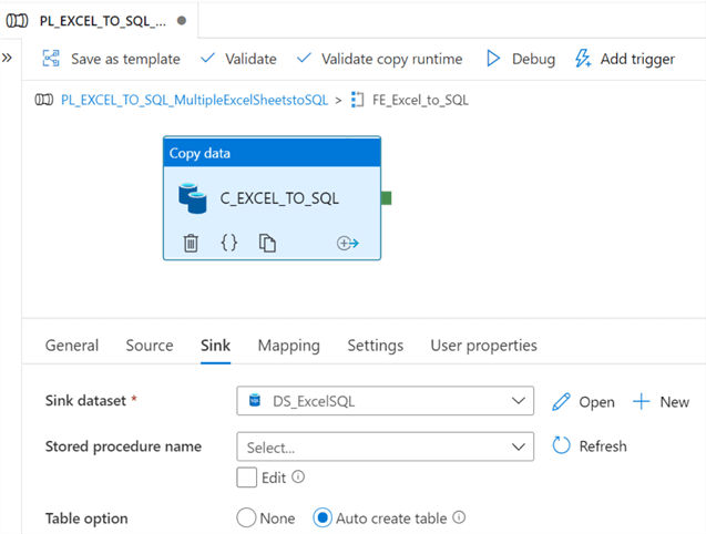 CopyDataSink1 Sink settings for the copy data activity