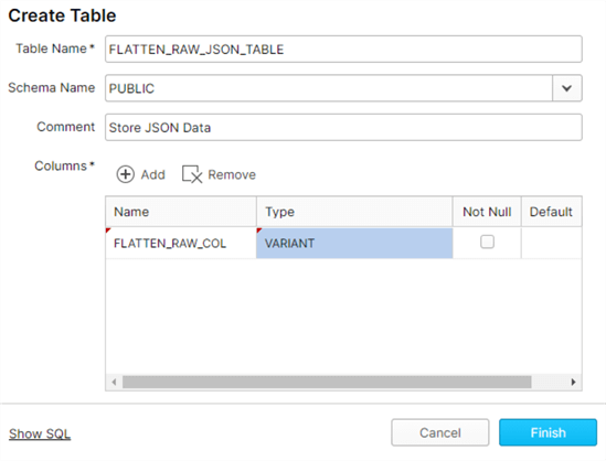 CreateTable UI to create table in Snowflake