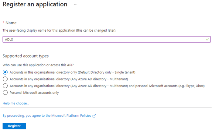 RegisterApp Register an app for ADLS access