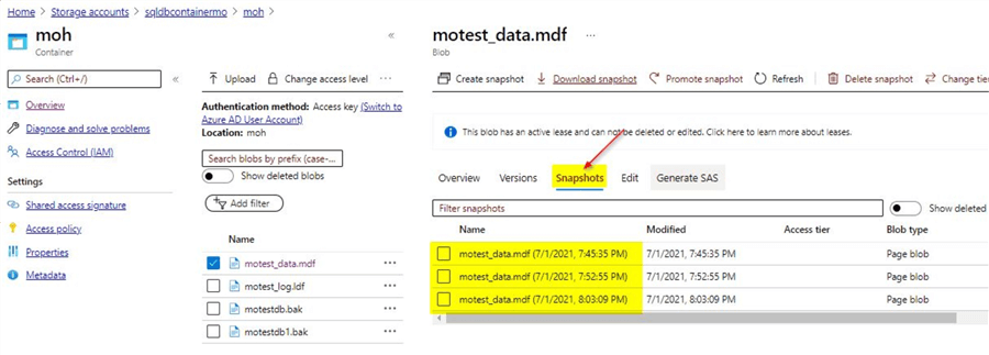 list of database snapshot backups