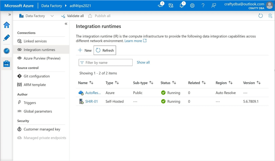 ADF - Hybrid Design Pattern - Runtime Setup - Azure Data Factory Showing New SHIR node