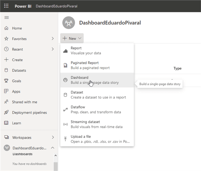 Create new dashboard