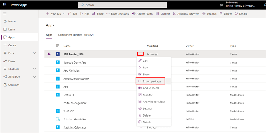 export package menu option
