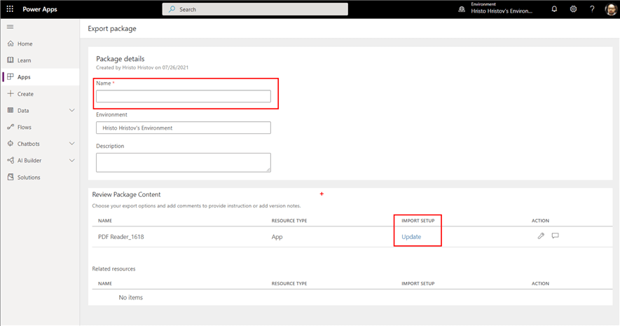 export package details
