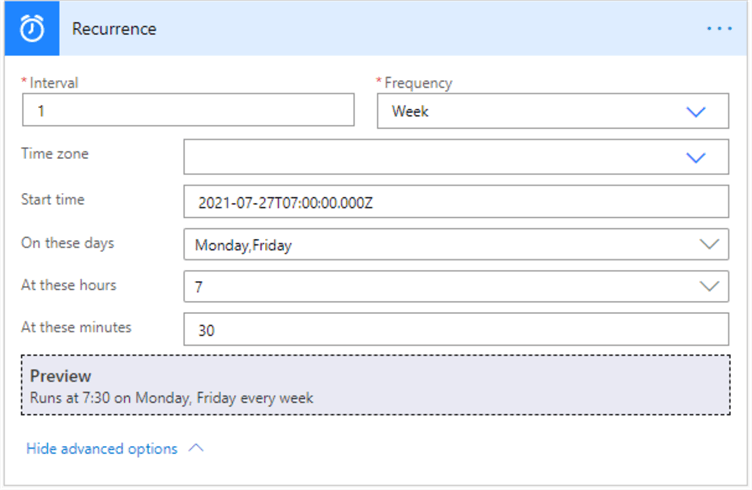 Snapshot of Recurrence flow step settings  