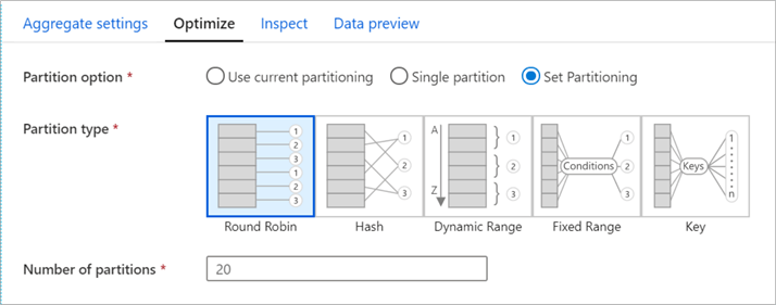 OptimizeTab Screenshot shows the Optimize tab, which includes Partition option, Partition type, and Number of partitions.