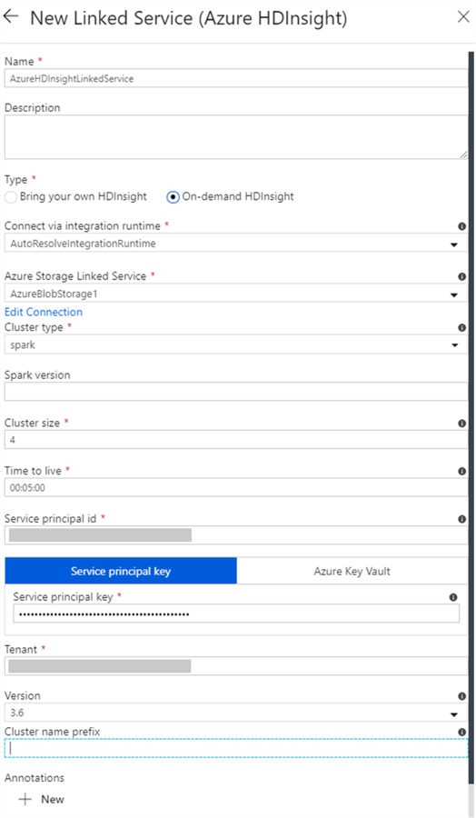 HDInsightLS HDInsight linked service settings