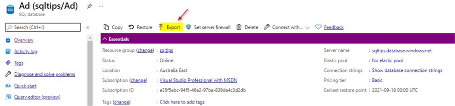 export using azure portal