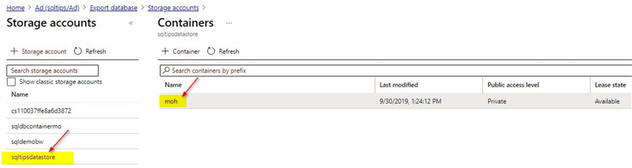 export using azure portal select container