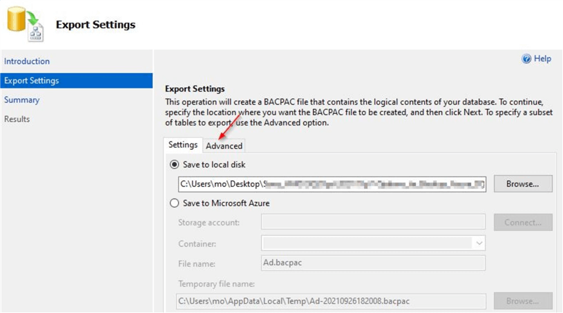 export data tier application settings