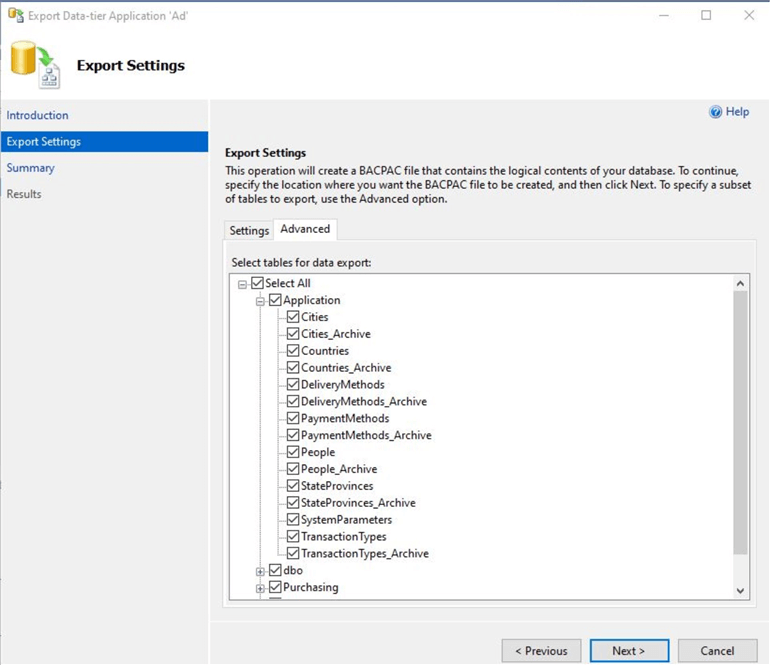 export data tier application settings