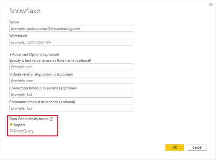 SnowflakePBIConfig Screenshot of the Snowflake dialog, showing the Import radio button selected.