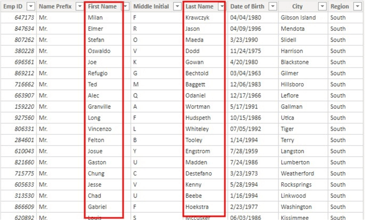 Sample table showing First and Last names