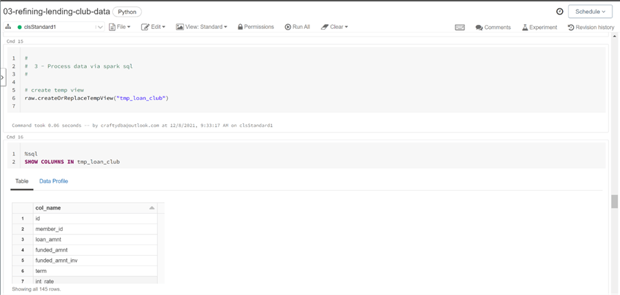 Spark Data Engineering - Create temporary view off raw dataframe.