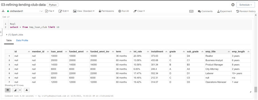 Spark Data Engineering - Display first 10 rows of temporary view.