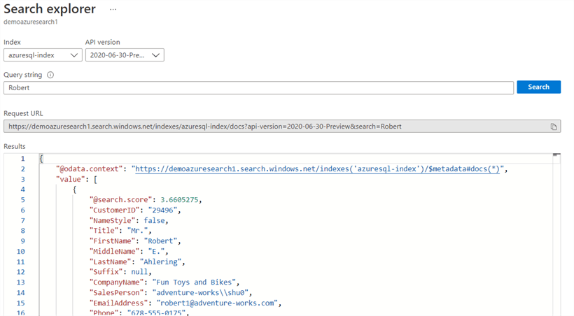 Azure Cognitive Search search explorer
