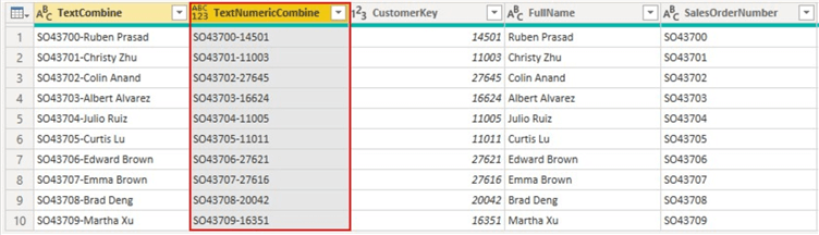Output of concatenated text & numeric columns on table.