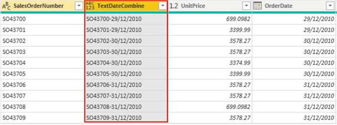 Output of concatenated text & date columns on table.