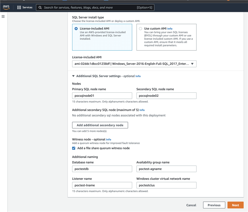 aws launch wizard Configure application settings