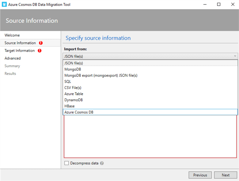 Azure Cosmos DB Data Migration tool source information