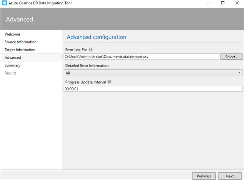 Azure Cosmos DB Data Migration tool advanced