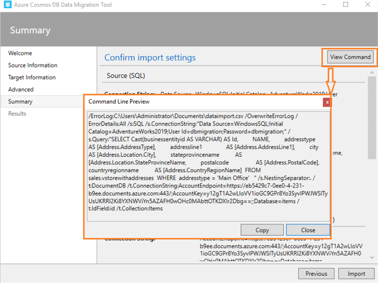 Azure Cosmos DB Data Migration tool summary
