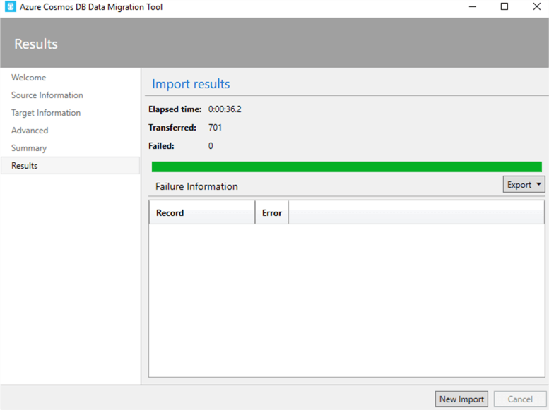 Azure Cosmos DB Data Migration tool results