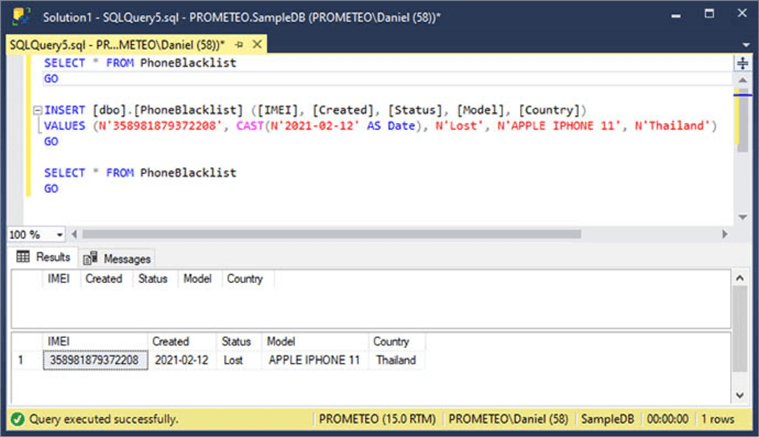 Screen Capture 10. Inserting a row on PhoneBlacklist table to test the TR_I_PhoneBlacklist trigger.