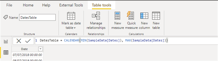 Diagram showing how to create dates column on a Dates Table.
