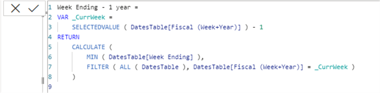 Diagram showing how to create the Week Ending -1 year measure.