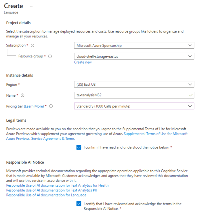 Azure text service properties