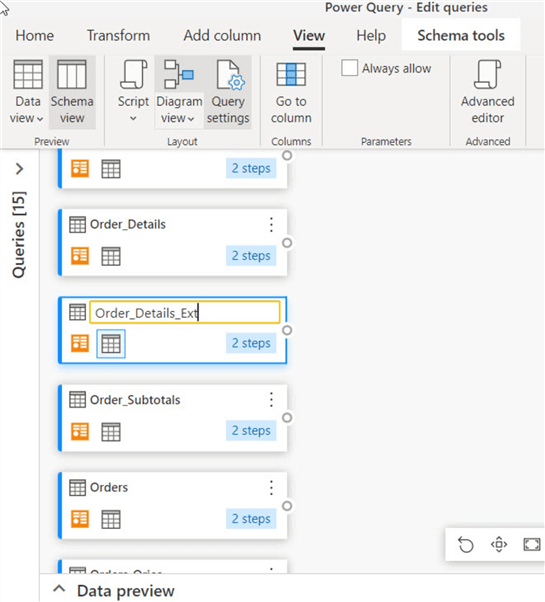 New Power BI Diagram View and Schema View for Power Query Editing