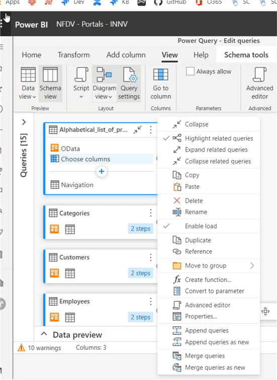 New Power BI Diagram View and Schema View for Power Query Editing