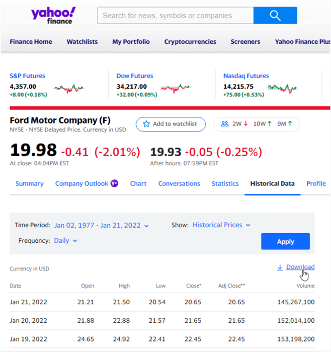 yahoo finance stock data