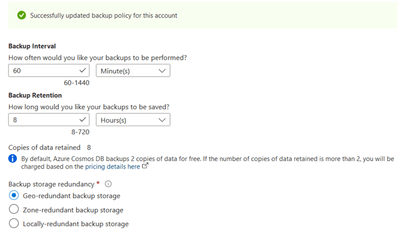 Azure Cosmos DB backup interval and retention period