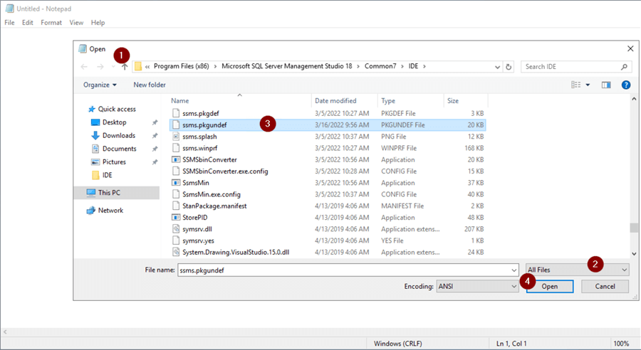 Open ssms.pkgundef