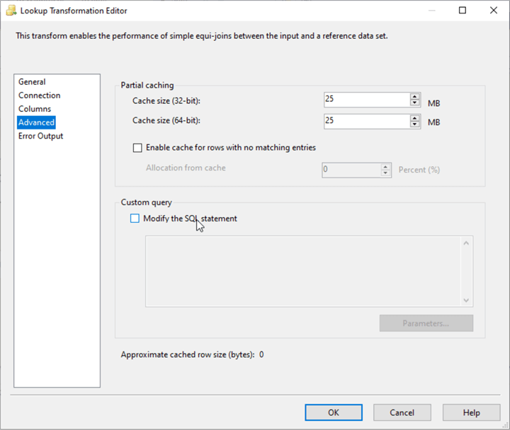 ssis lookup transformation editor - advanced tab