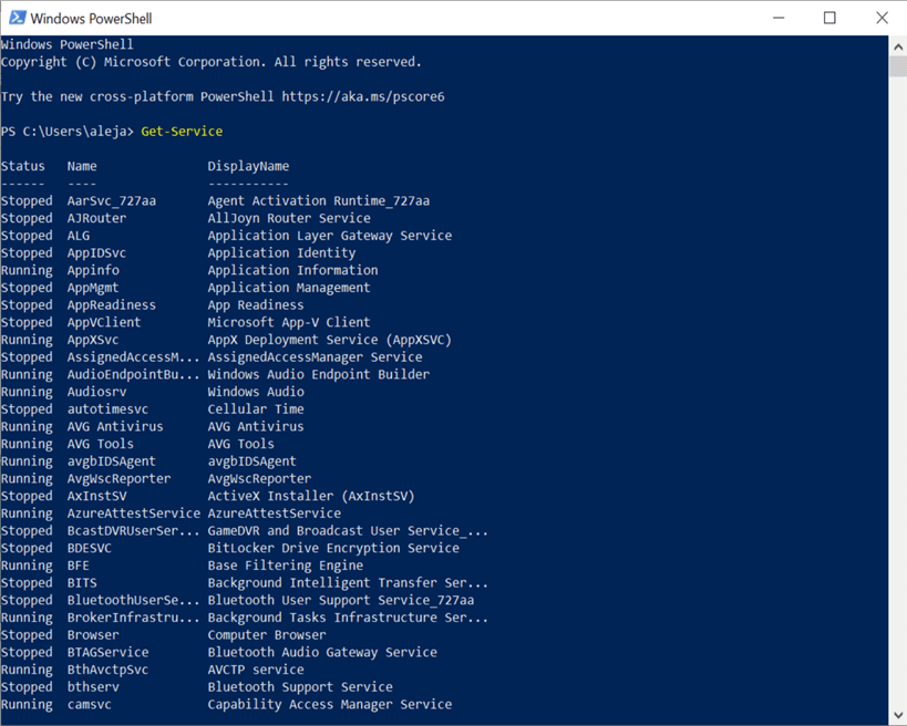 powershell commands and output