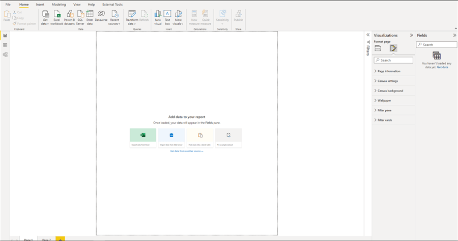 Initial view of the canvas in Power BI Desktop after adjusting the canvas settings.