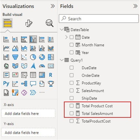 Diagram showing created measures in Power BI Desktop.