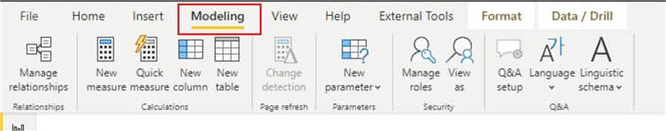 Diagram showing the modeling tab in Power BI Desktop.