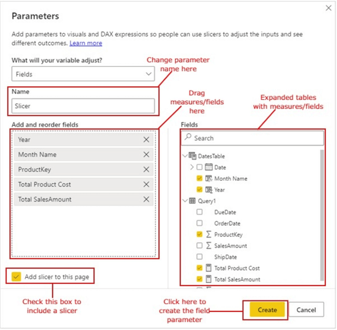 Diagram showing Field Parameter window and completed entries.