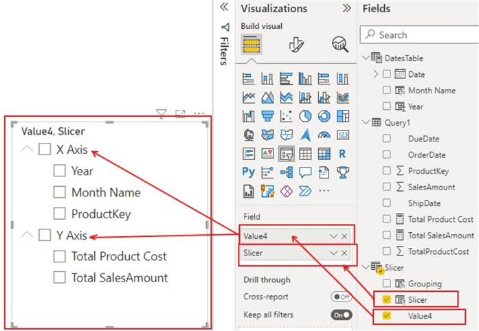 Diagram showing how to use the newly created Field Parameter for configuring dynamic x and y axis 2.