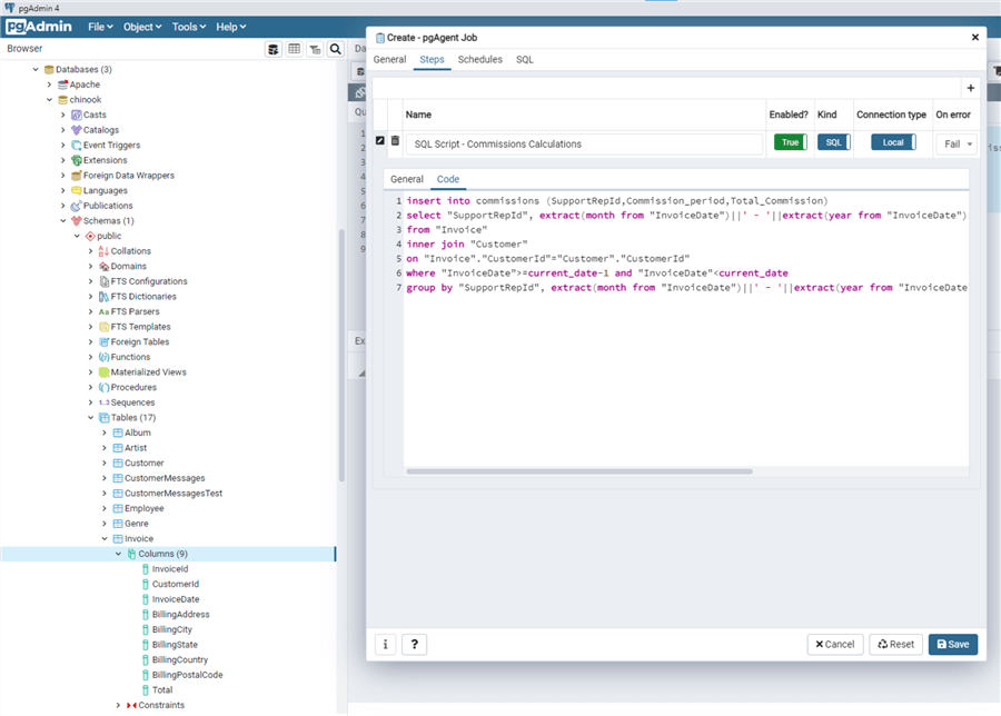 Steps tab, Code subtab to specify SQL script